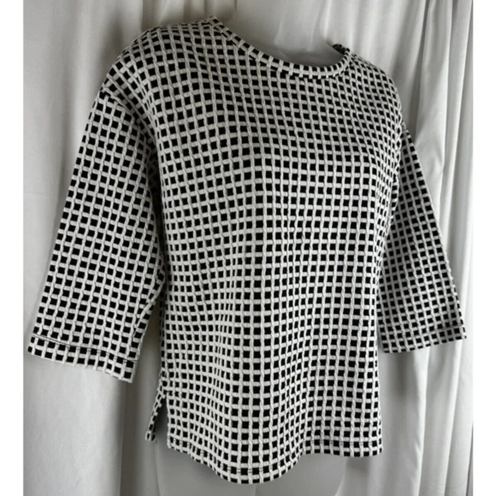 Lou & Grey Blue White Grid Textured Knit Top 3/4 Sleeve S Preppy Academia 55-22‎